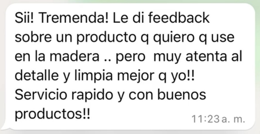Mensaje de WhatsApp de una clienta: muy atenta al detalle, limpia mejor que yo, servicio rápido y con buenos productos