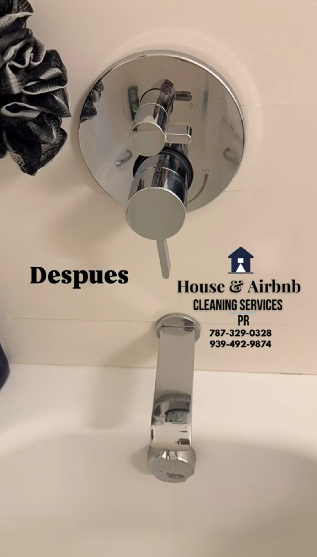 Después · Antes y después de una llave de ducha con sarro tras limpieza profunda de baño en Puerto Rico