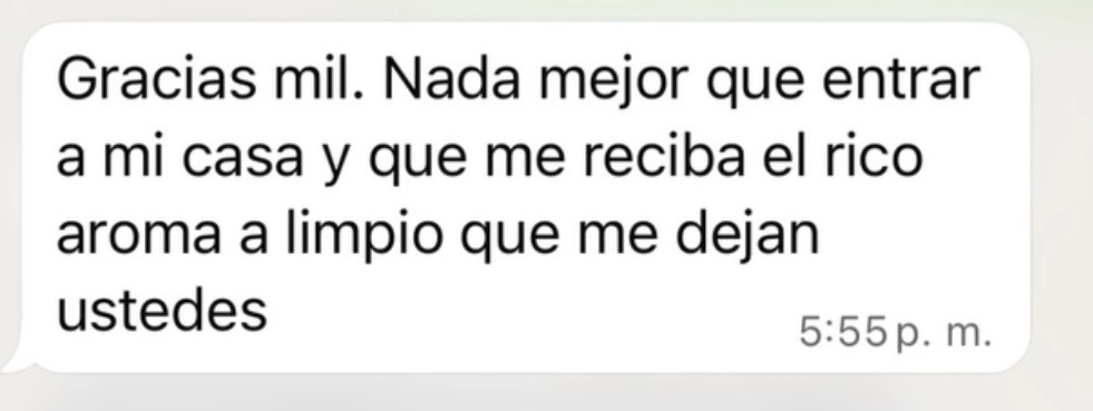 Mensaje de WhatsApp de una clienta: nada mejor que entrar a mi casa y que me reciba el rico aroma a limpio